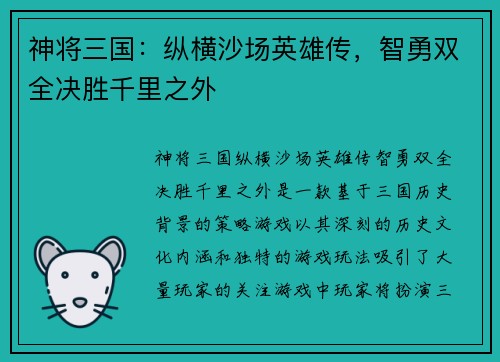 神将三国：纵横沙场英雄传，智勇双全决胜千里之外