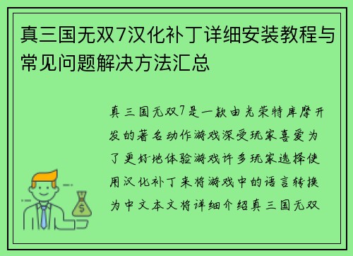 真三国无双7汉化补丁详细安装教程与常见问题解决方法汇总